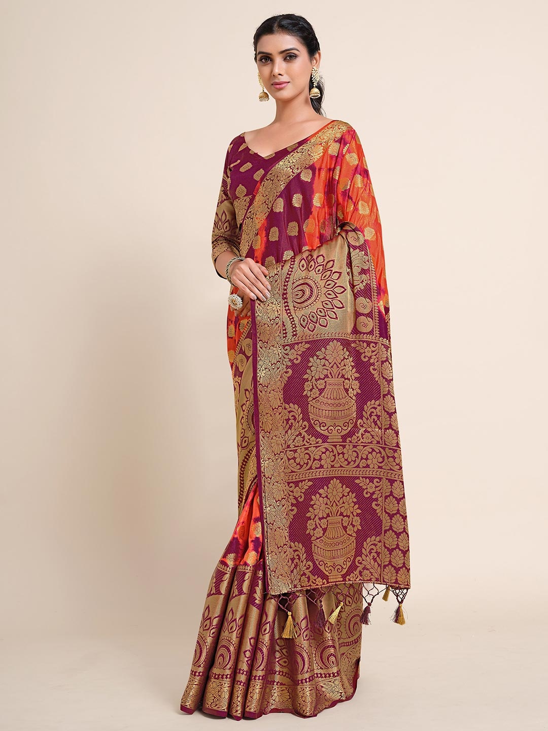 

MIMOSA Orange & Purple Ethnic Motifs Zari Art Silk Banarasi Saree