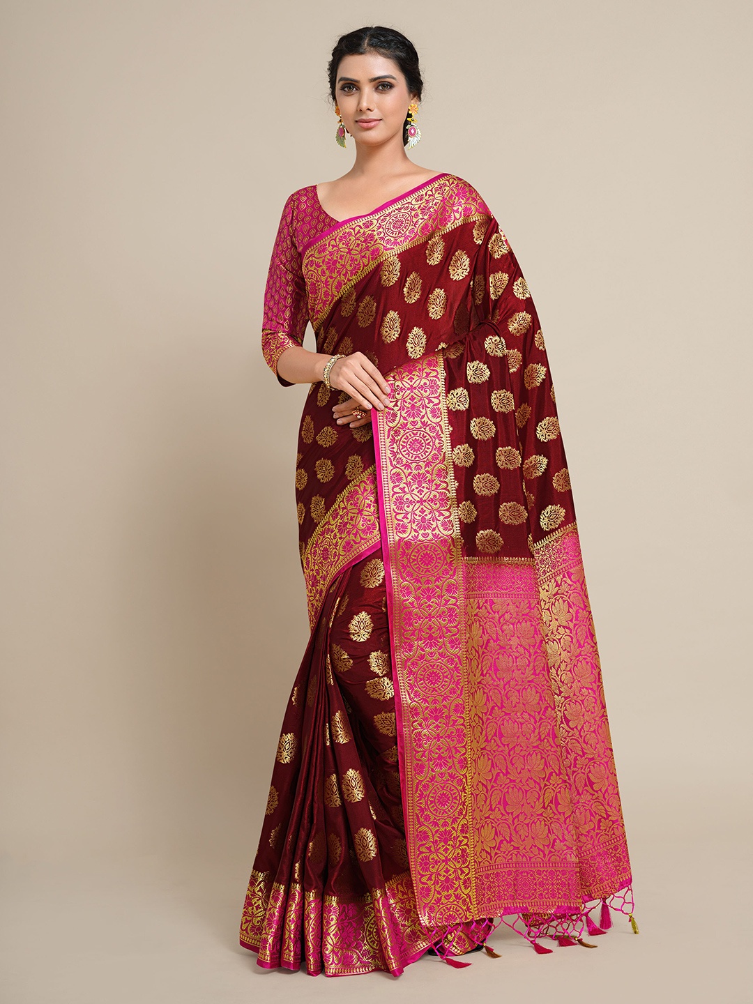 

MIMOSA Maroon & Pink Ethnic Motifs Zari Art Silk Kanjeevaram Saree