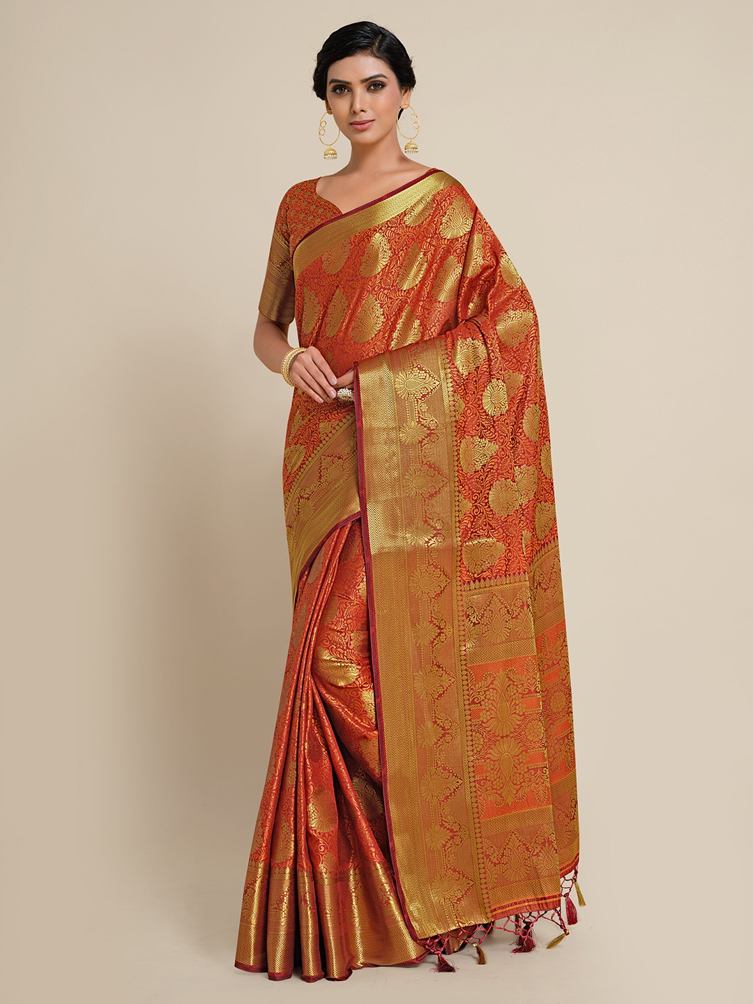 

MIMOSA Orange & Gold-Toned Ethnic Motifs Zari Art Silk Kanjeevaram Saree