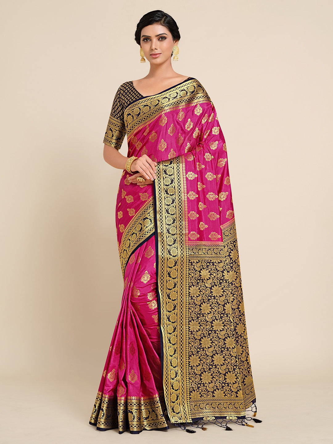 

MIMOSA Pink & Gold-Toned Ethnic Motifs Zari Art Silk Kanjeevaram Saree