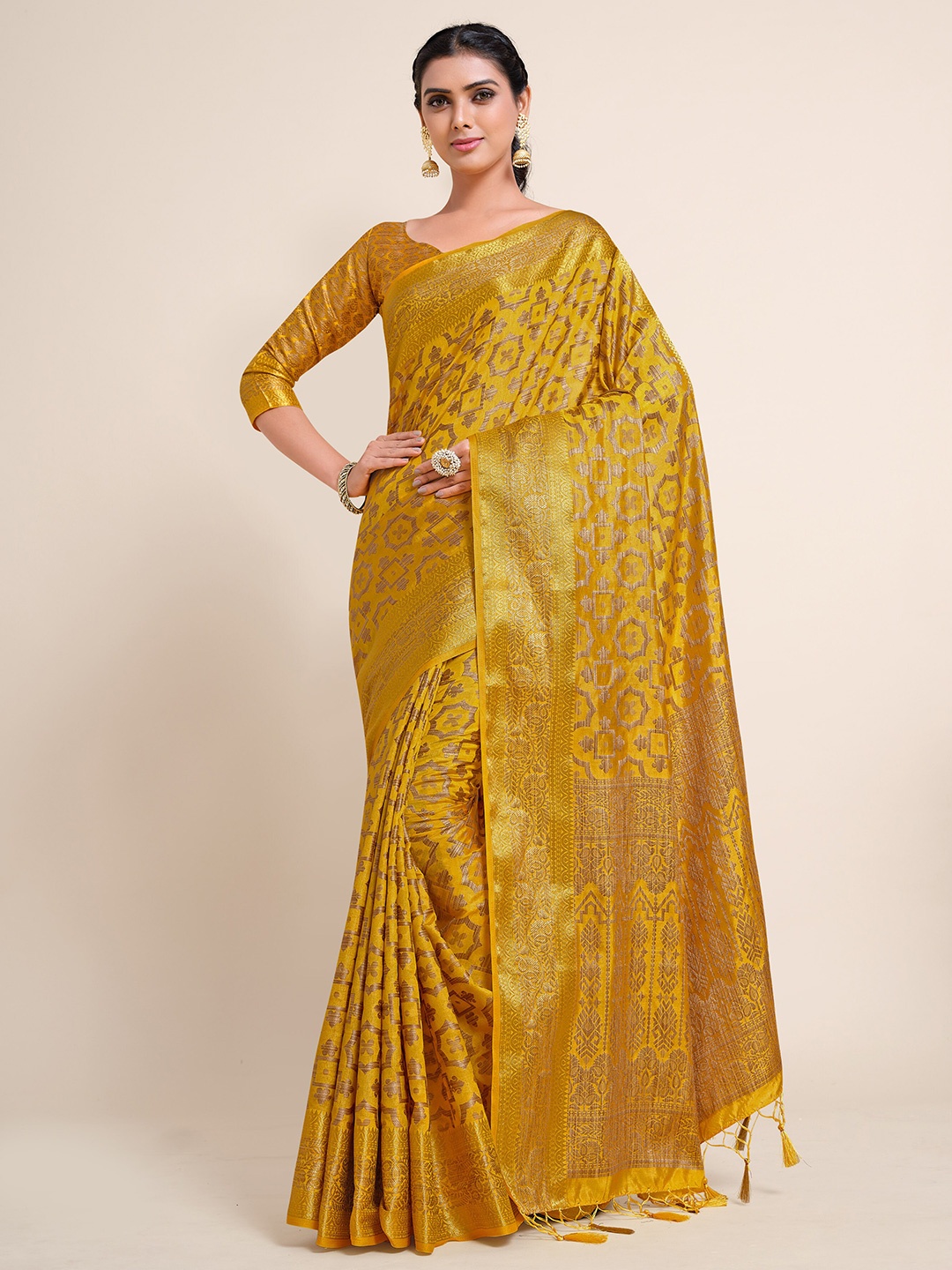 

MIMOSA Gold-Toned & Silver-Toned Ethnic Motifs Zari Art Silk Kanjeevaram Saree
