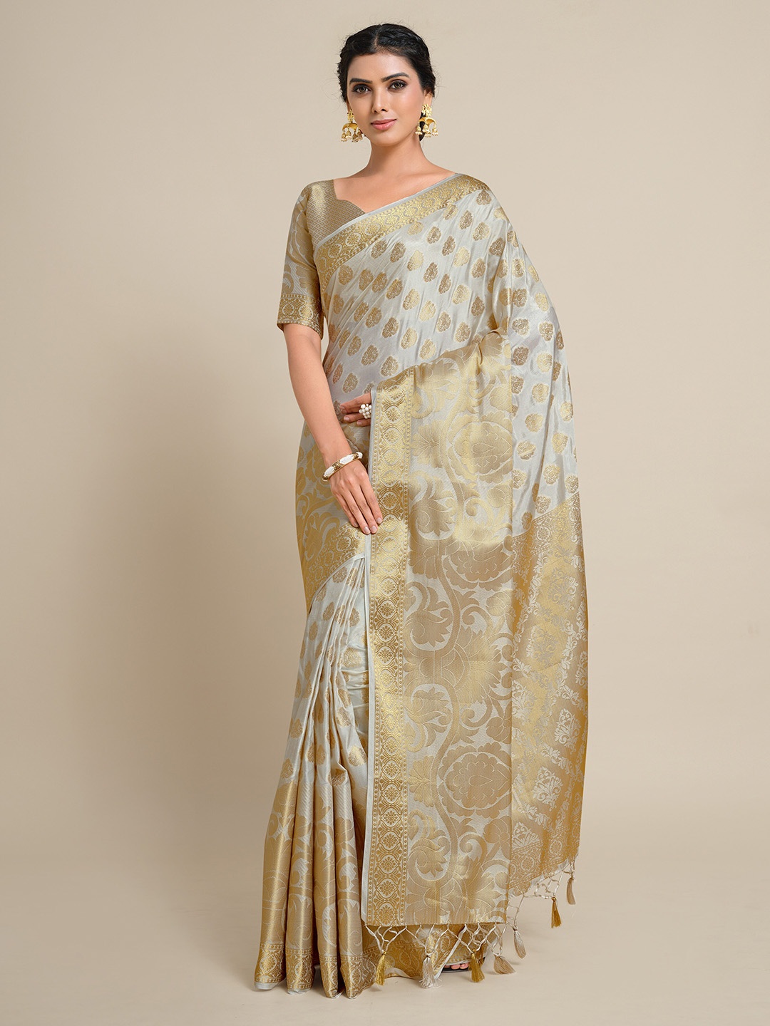 

MIMOSA Off White & Gold-Toned Ethnic Motifs Zari Art Silk Kanjeevaram Saree