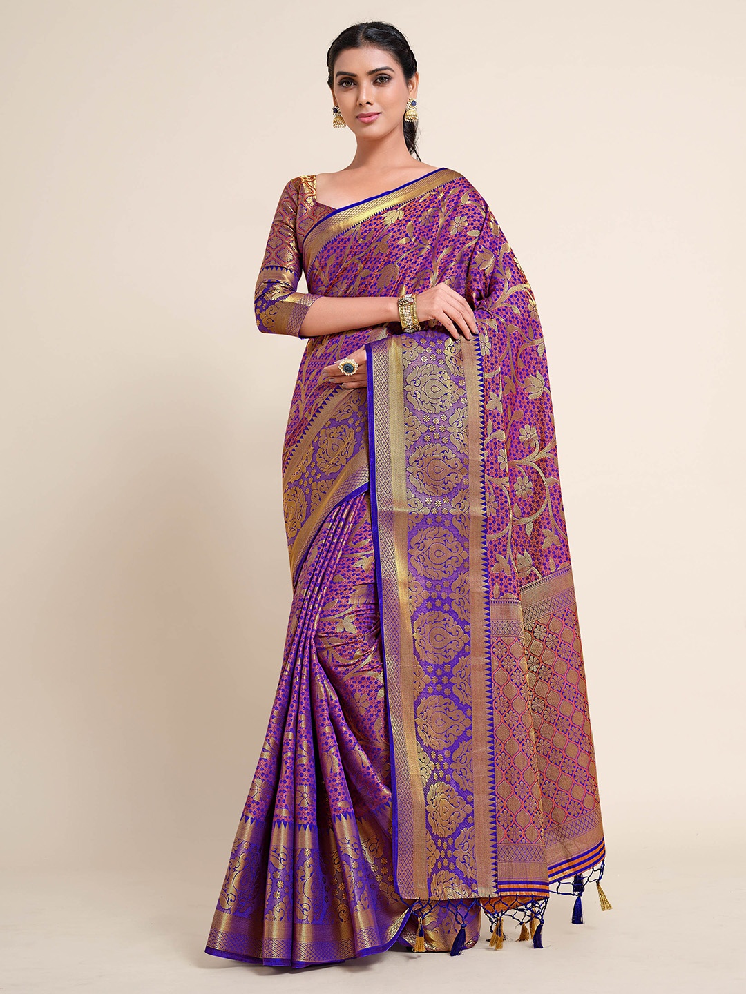 

MIMOSA Purple & Gold-Toned Ethnic Motifs Zari Art Silk Kanjeevaram Saree