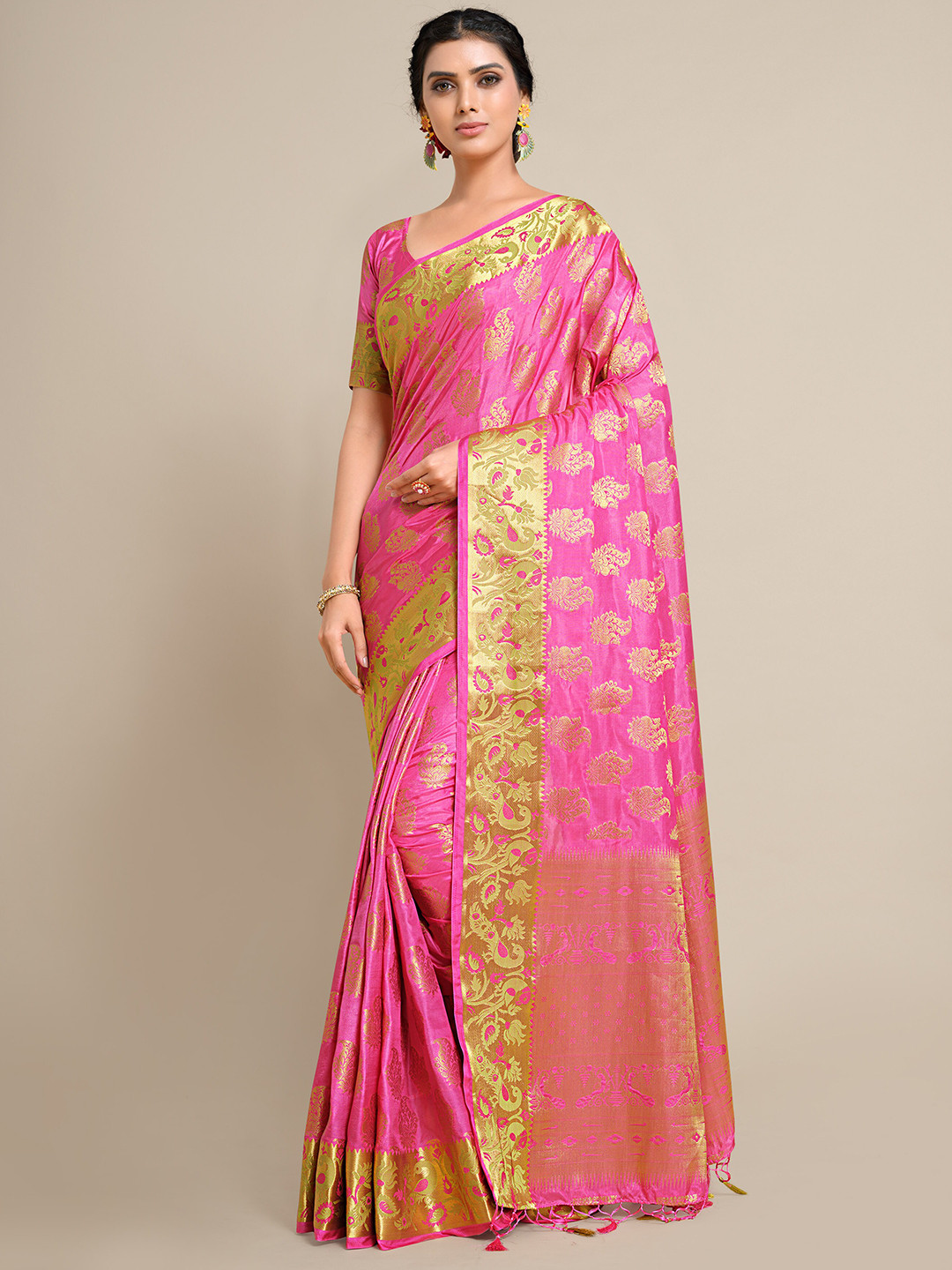 

MIMOSA Pink & Gold-Toned Ethnic Motifs Zari Art Silk Kanjeevaram Saree