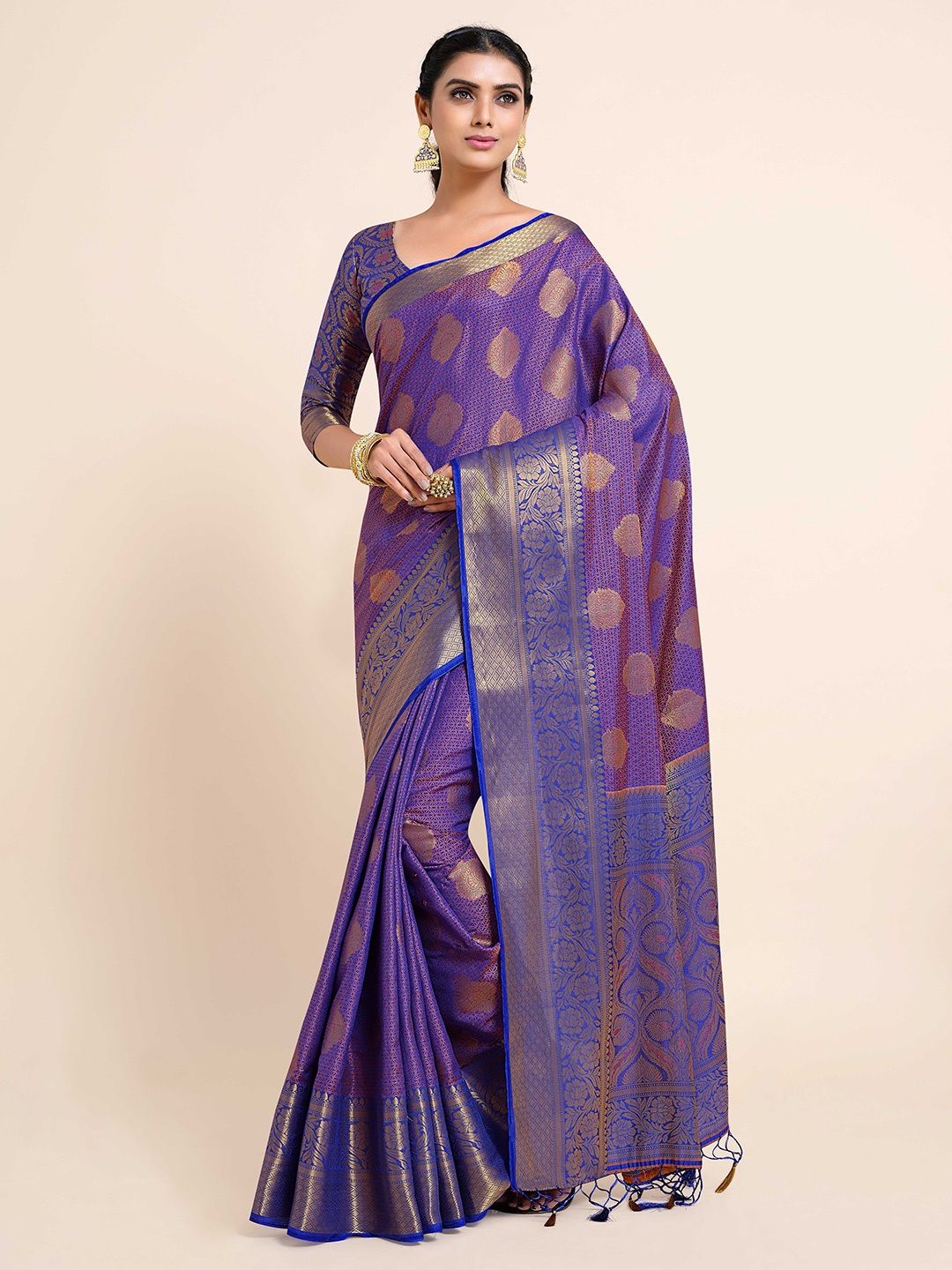 

MIMOSA Blue & Gold-Toned Ethnic Motifs Zari Art Silk Kanjeevaram Saree