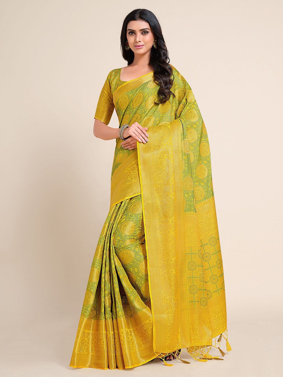 

MIMOSA Yellow & Gold-Toned Ethnic Motifs Zari Art Silk Kanjeevaram Saree