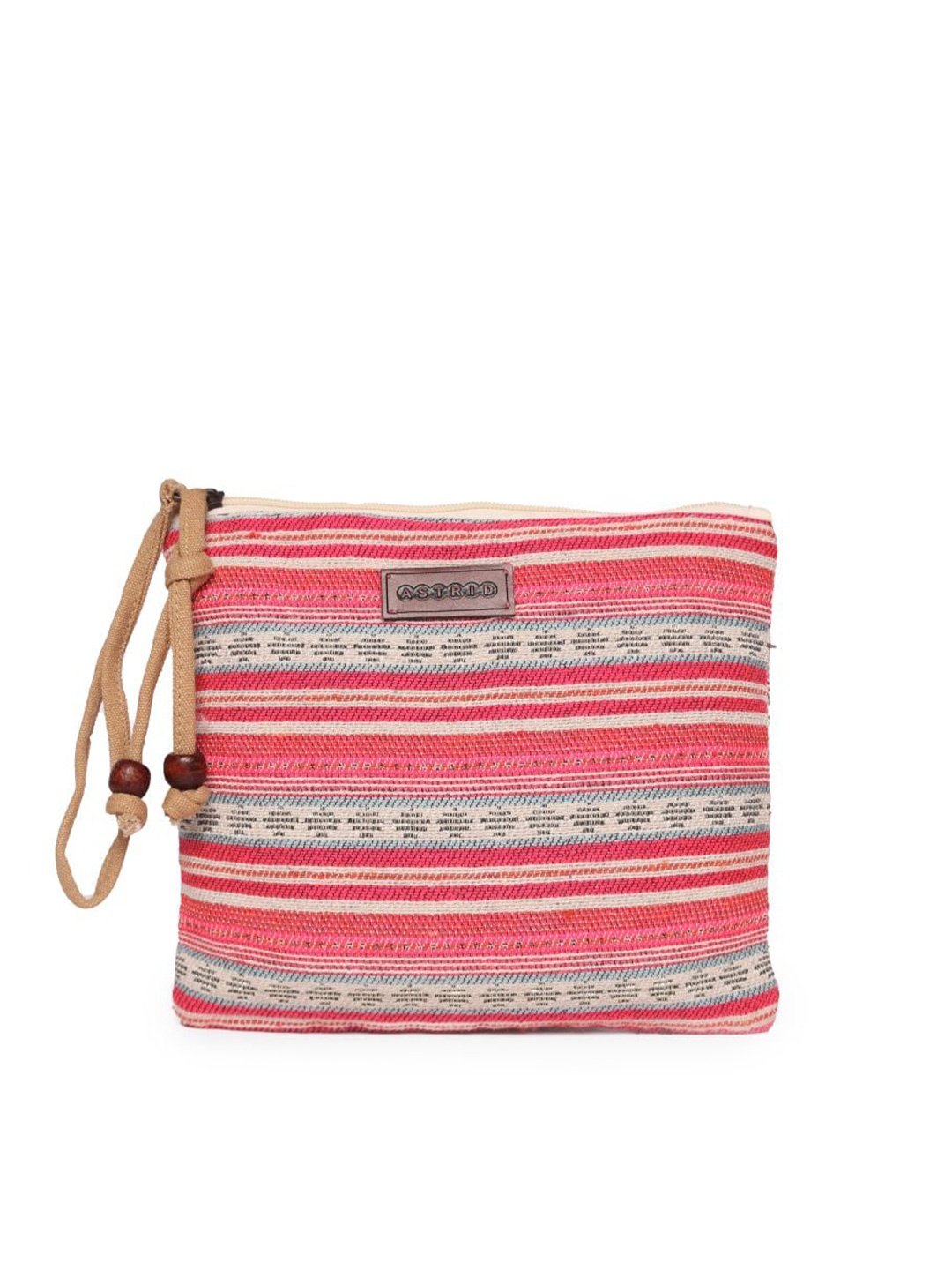 

ASTRID Women Pink & Grey Striped Travel Envelope Pouch With Tassels