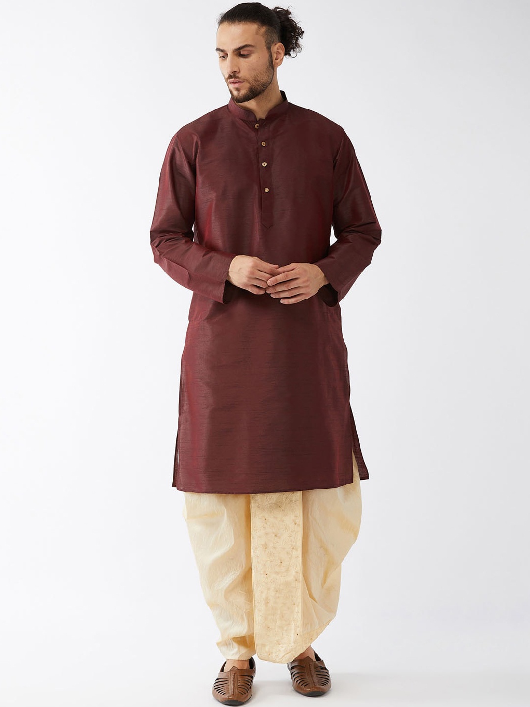

VASTRAMAY Men Burgundy Regular Kurta with Dhoti Pants