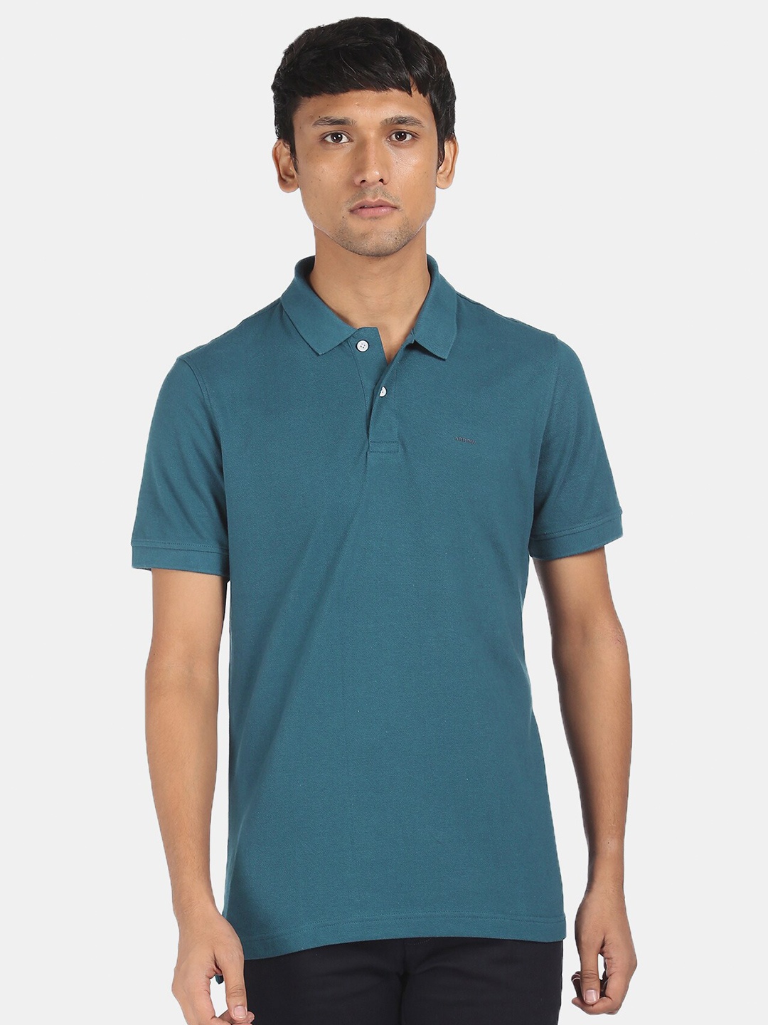 

Arrow Sport Men Teal Blue Cotton Polo Collar Pure Cotton T-shirt