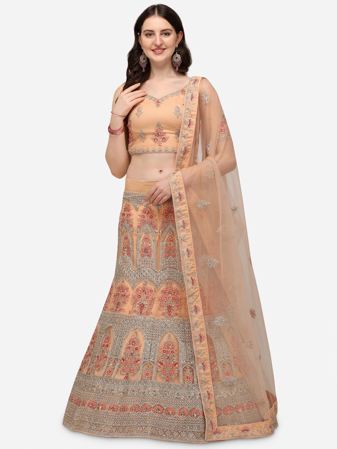 

Netram Peach-Coloured & Silver-Toned Semi-Stitched Lehenga & Unstitched Blouse & Dupatta