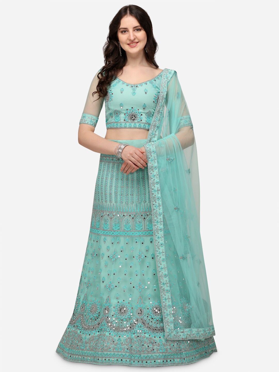 

Netram Turquoise Blue & Silver-Toned Semi-Stitched Lehenga & Unstitched Blouse & Dupatta