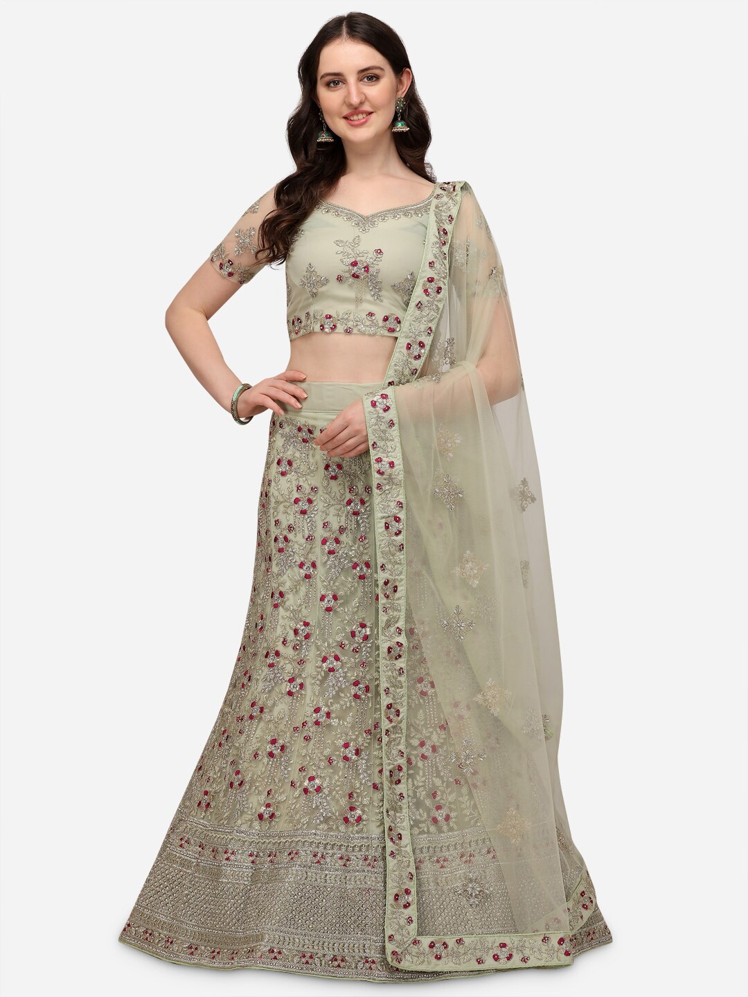 

Netram Lime Green & Maroon Embroidered Semi-Stitched Lehenga & Unstitched Blouse With Dupatta