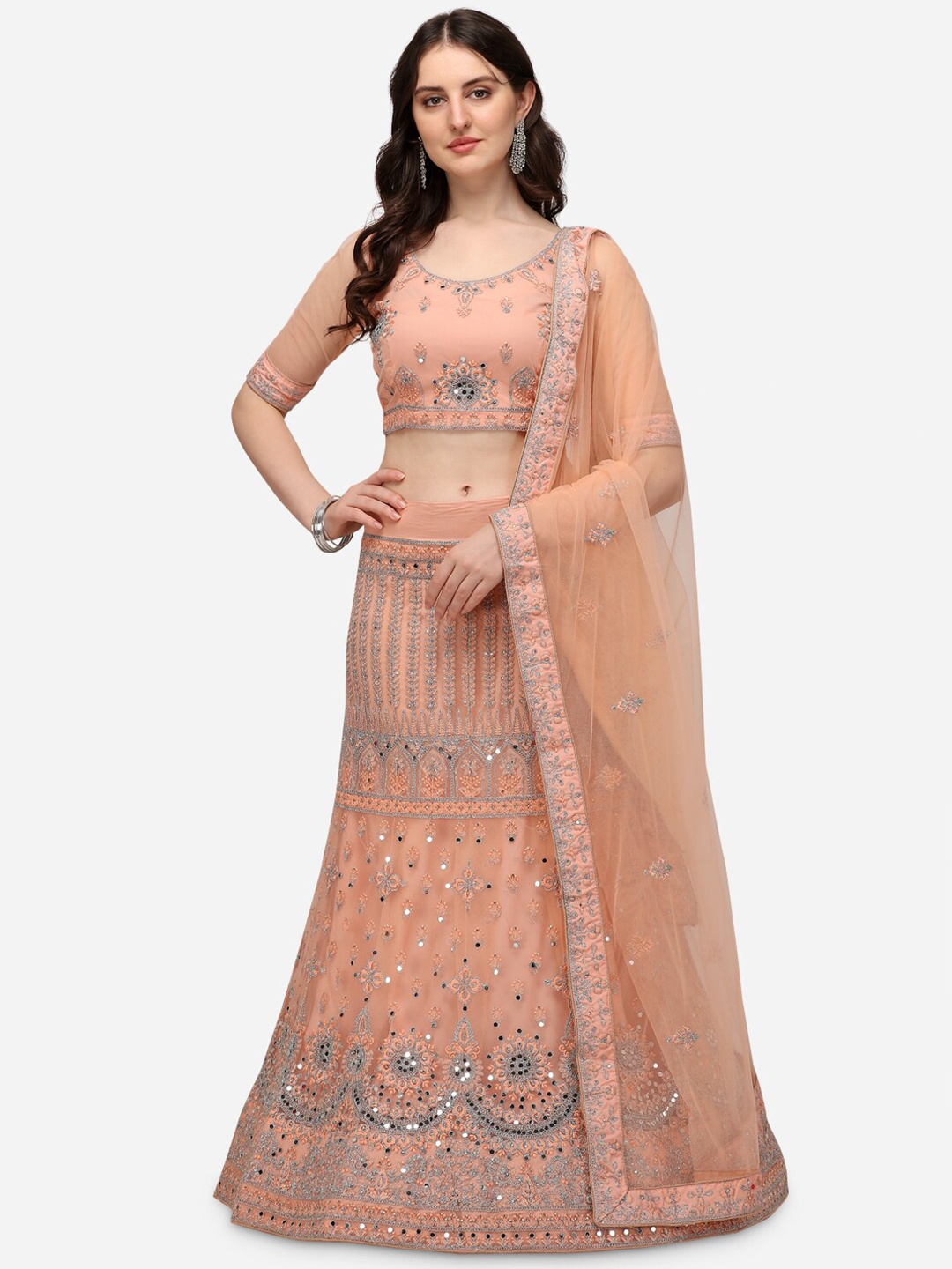 

Netram Peach-Coloured & Silver-Toned Semi-Stitched Lehenga & Unstitched Blouse & Dupatta