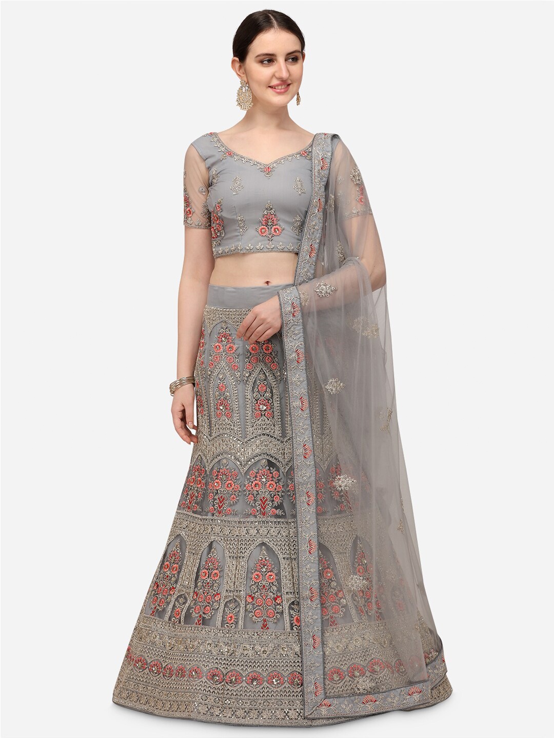 

Netram Grey & Peach-Coloured Embroidered Sequinned Semi-Stitched Lehenga & Unstitched Blouse With Dupatta