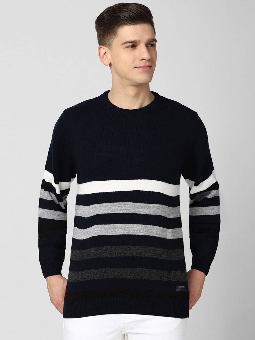 

Peter England Casuals Men Black & White Striped Pullover Sweater