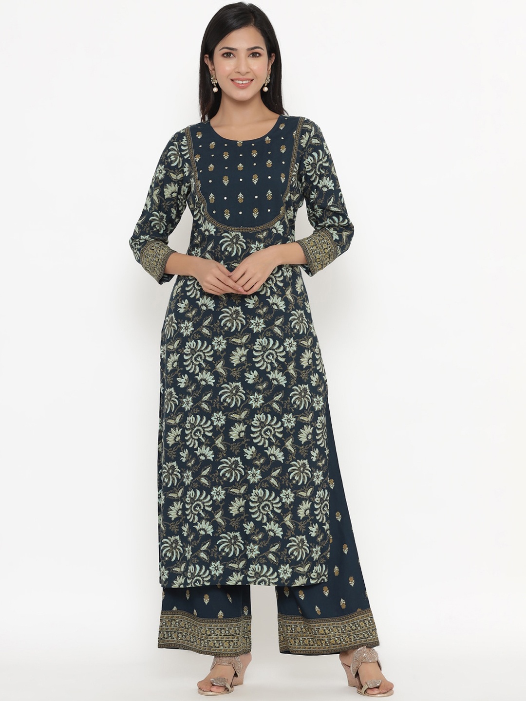 kipek Women Navy Blue Ethnic Motifs Printed Regular Kurta with Trousers