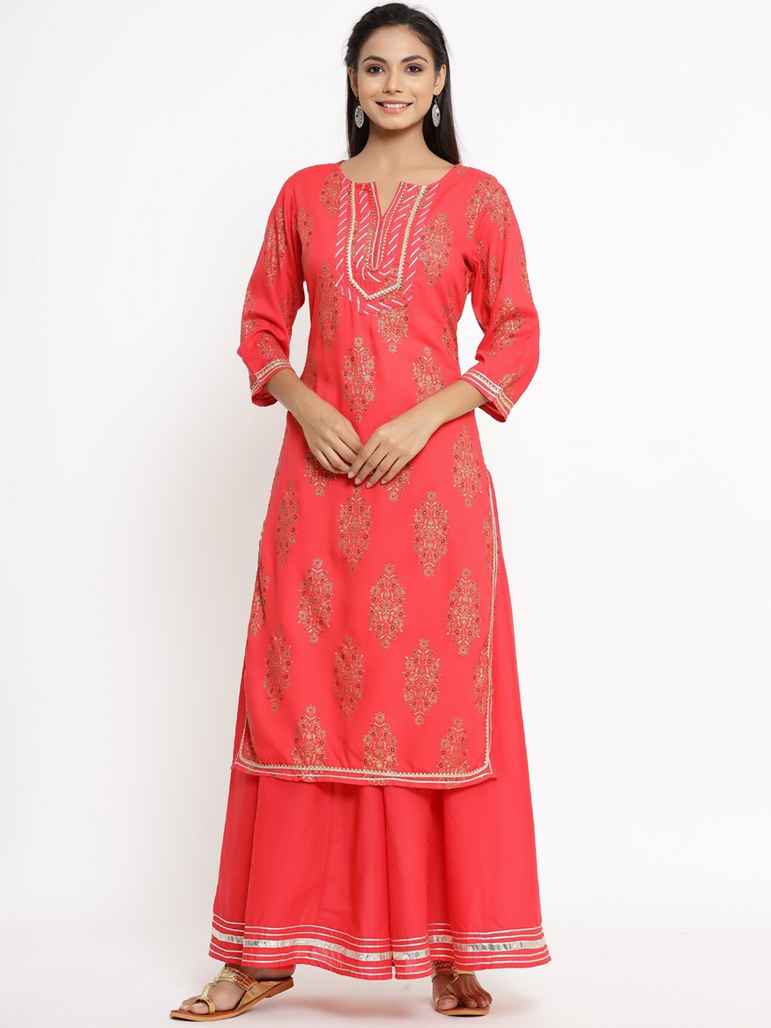 

kipek Women Peach-Coloured Ethnic Motifs Printed Kurta with Palazzos