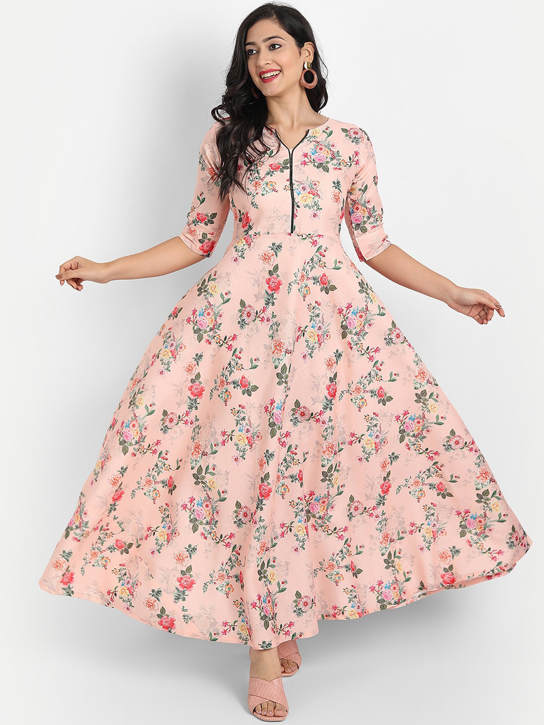 

Globon Impex Pink Floral Cotton Anarkai Maxi Dress