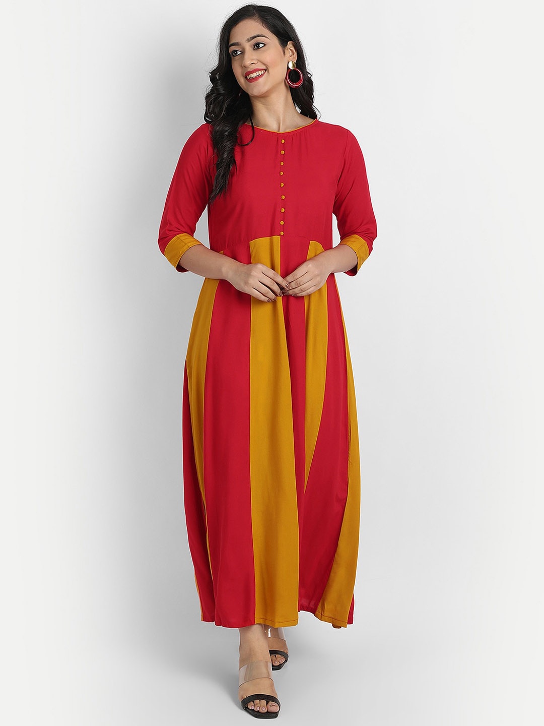 

Globon Impex Mustard Yellow & Red Colourblocked Liva Maxi Dress