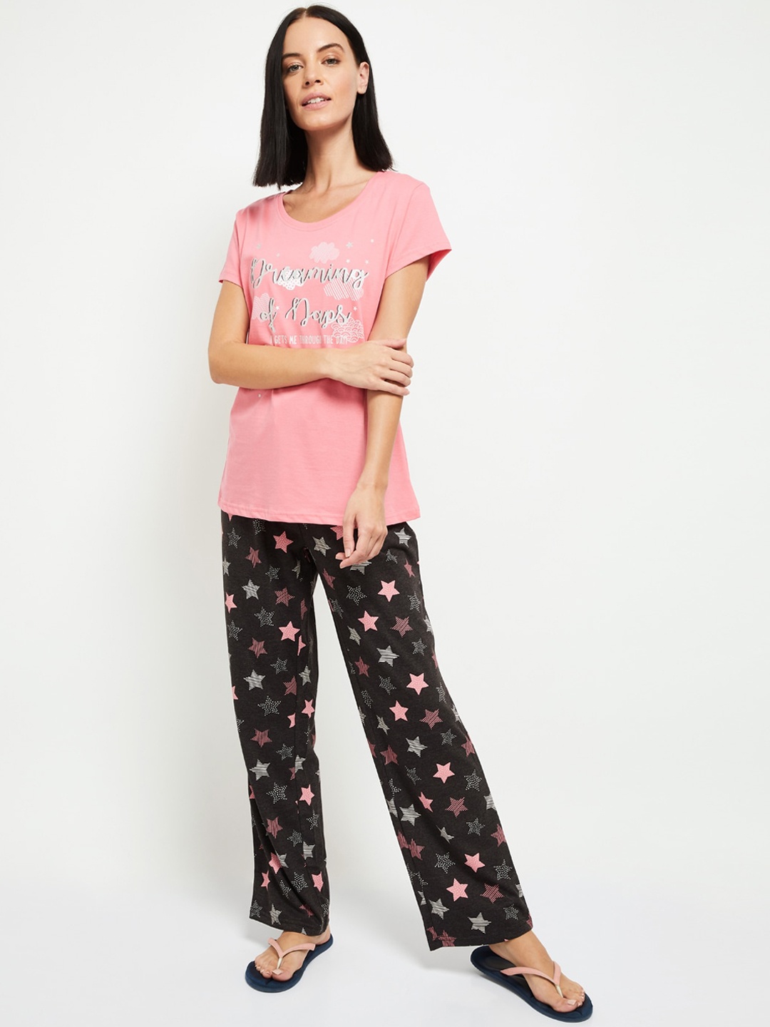 

max Women Pink & Black Printed Pure Cotton Night suit