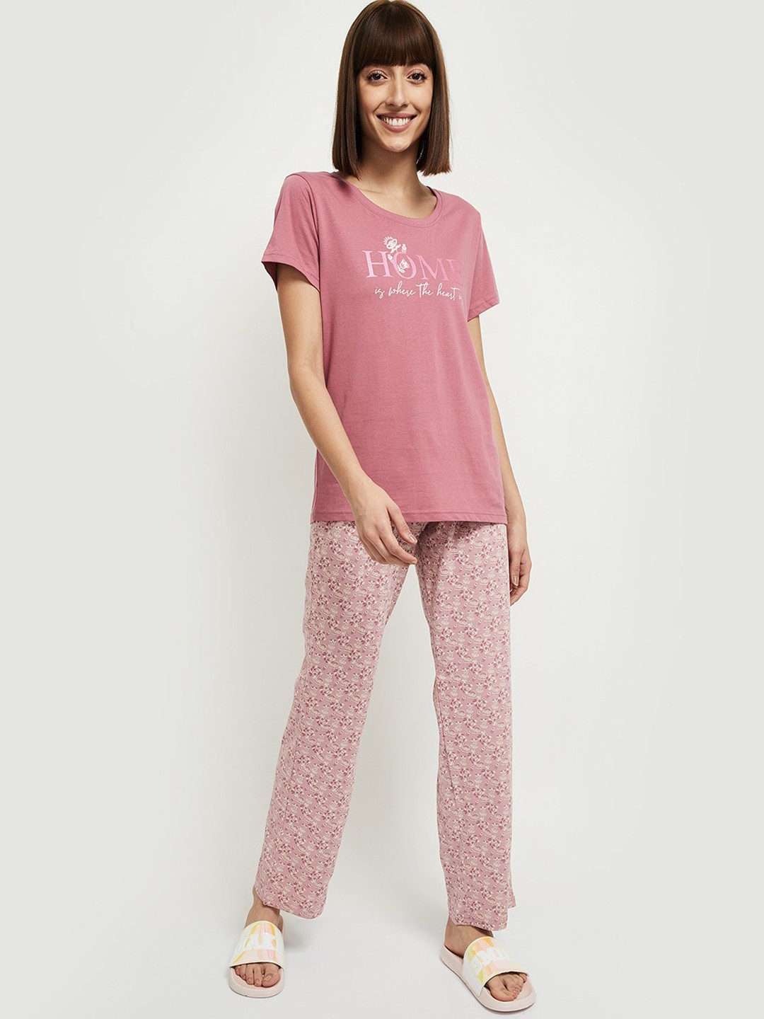 

max Women Pink & Beige Printed Pure Cotton Night suit