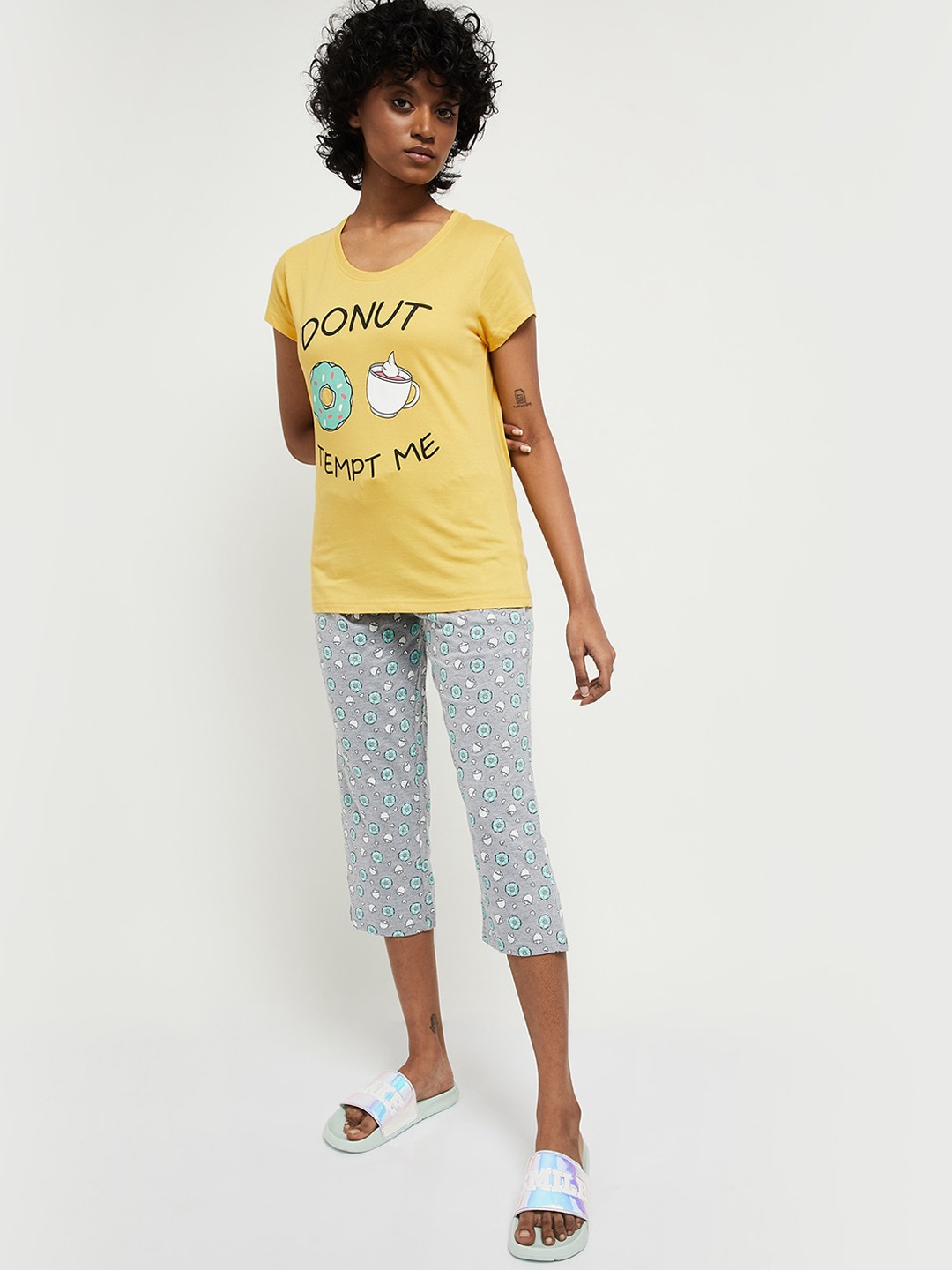 

max Women Yellow & Grey Melange Printed Pure Cotton Night suit