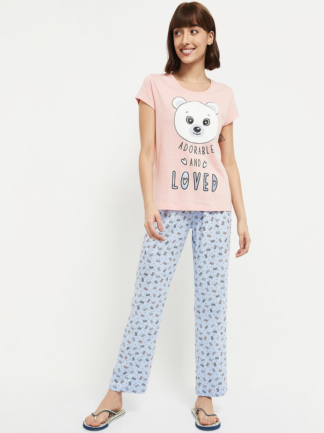 

max Women Pink & Blue Printed Pure Cotton Night suit