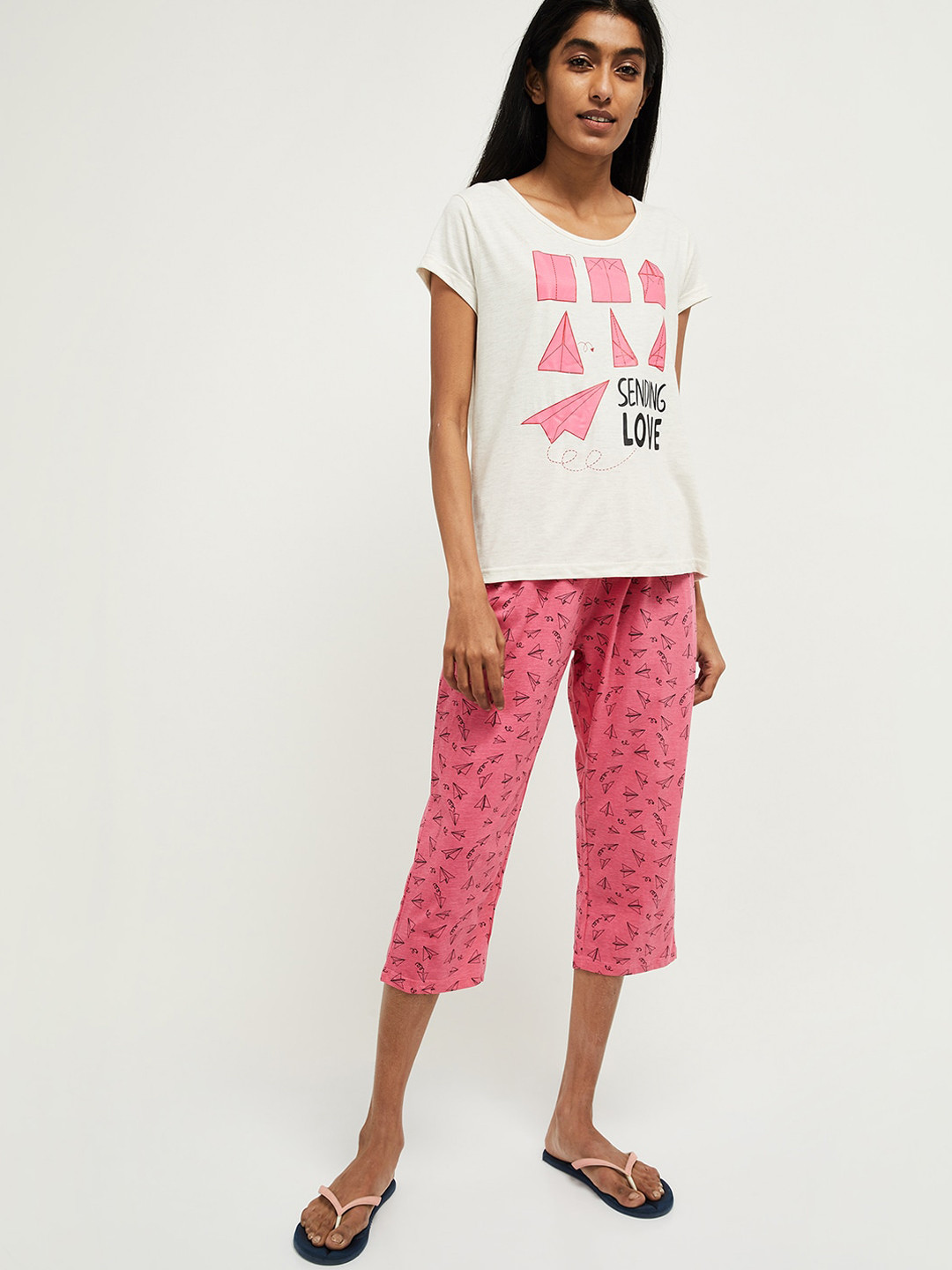 

max Women Cream-Coloured & Pink Printed Pure Cotton Night suit