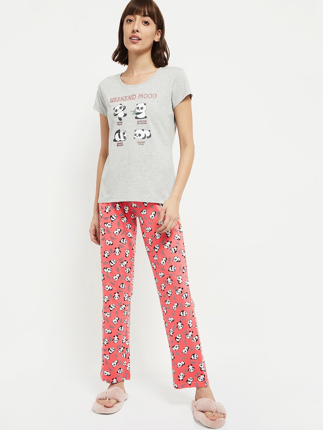 

max Women Grey Melange & Peach-Coloured Printed Pure Cotton Night suit