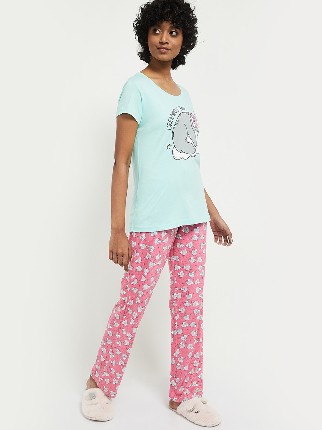

max Women Sea Green & Pink Printed Pure Cotton Night suit