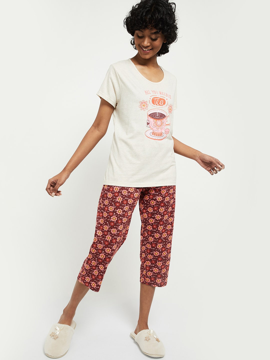 

max Women Cream-Coloured & Orange Printed Pure Cotton Night suit