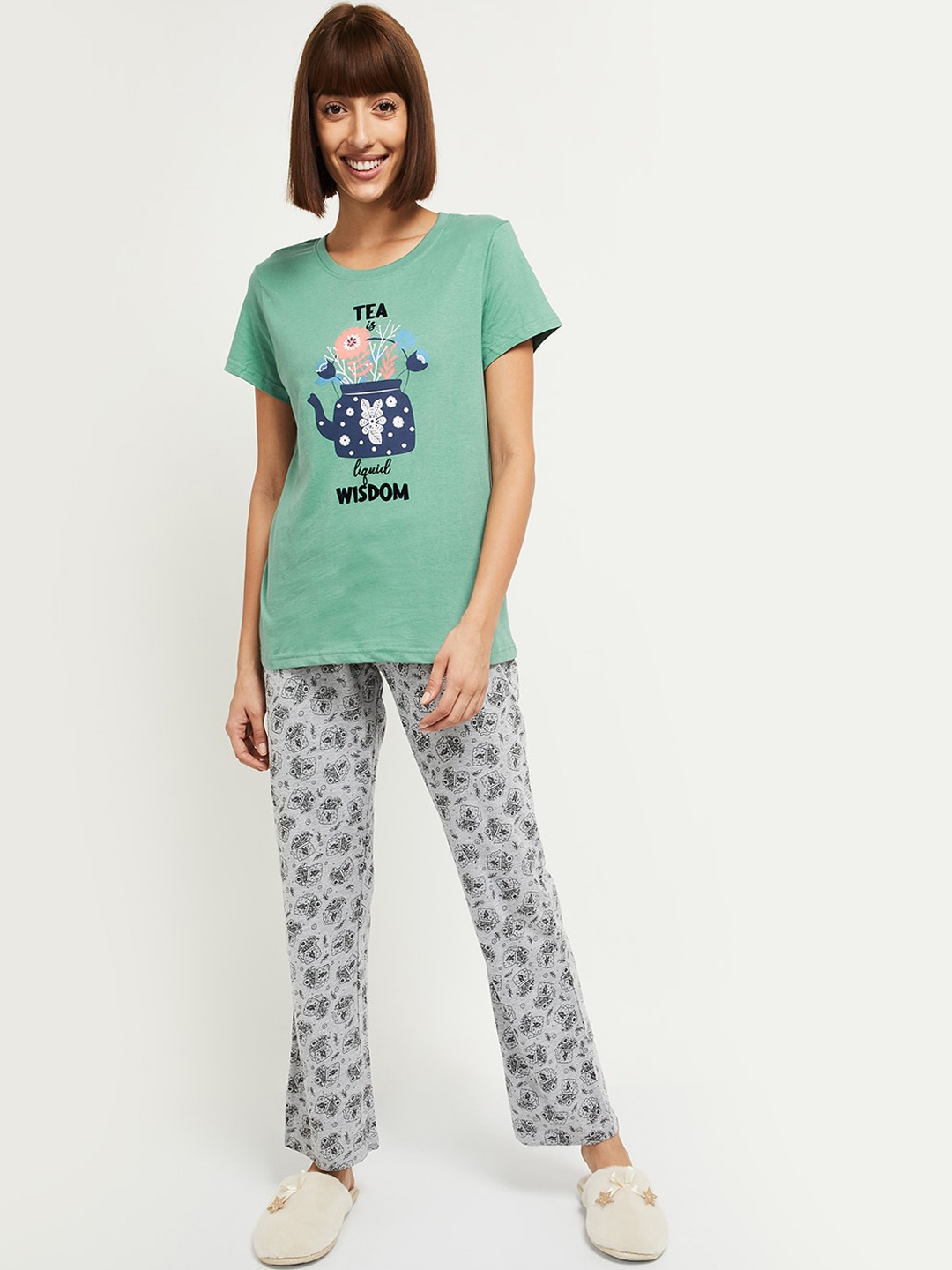 

max Women Green & Grey Melange Printed Pure Cotton Night suit