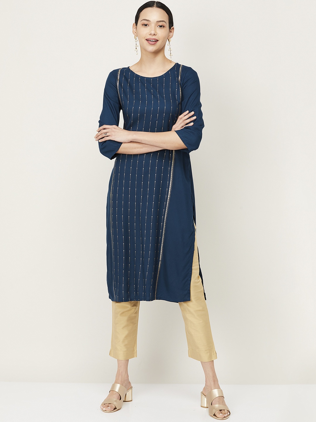 

Melange by Lifestyle Women Teal Blue Geometric Striped Kurta