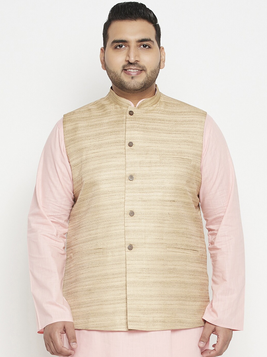 

VASTRAMAY Men Beige Self-Design Slim-Fit Woven Nehru Jacket