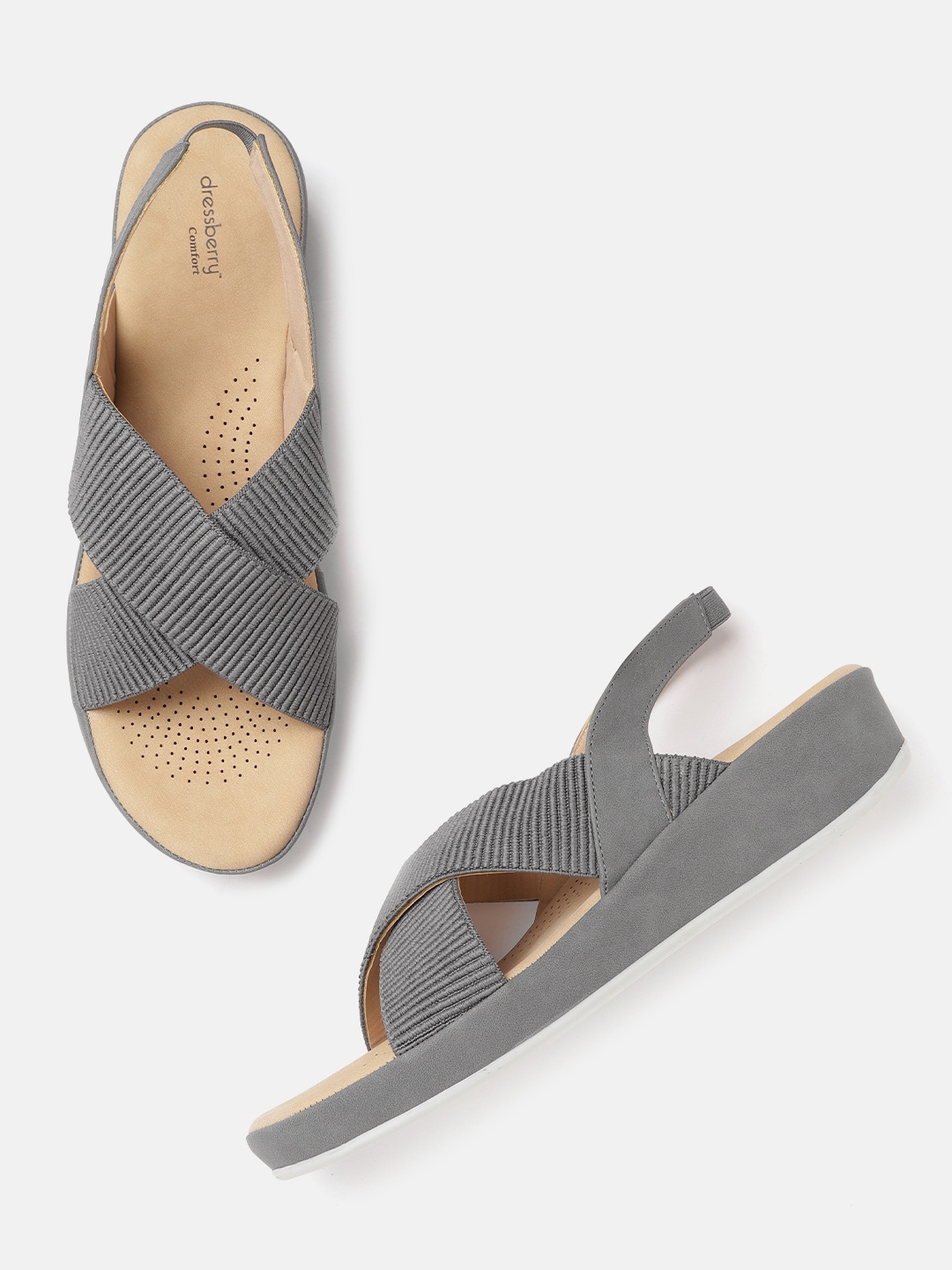 

DressBerry Women Charcoal Grey Self-Striped Open Toe Flats
