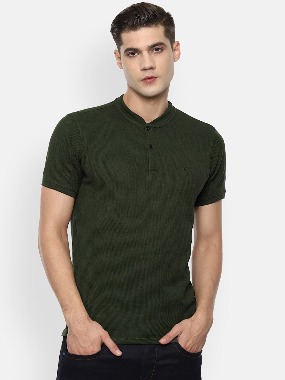 

V Dot Men Olive Green Mandarin Collar Slim Fit T-shirt