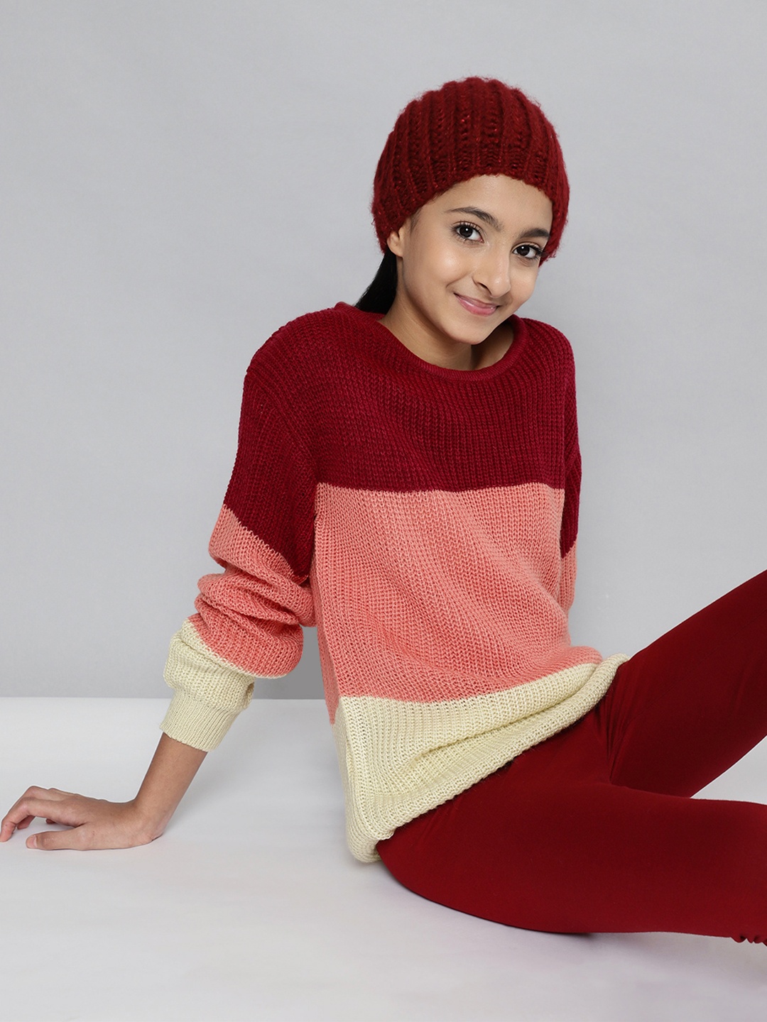 

JUSTICE Girls Peach-Coloured & Maroon Acrylic Colourblocked Pullover