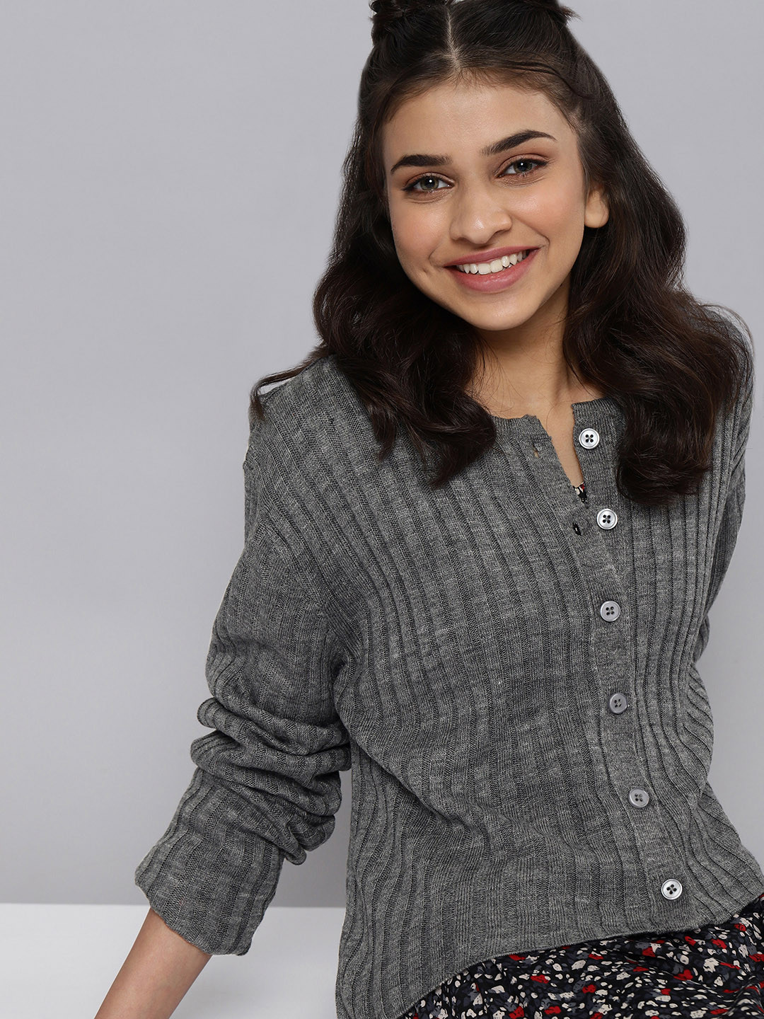 

JUSTICE Girls Grey Melange Self-Striped Acrylic Cardigan