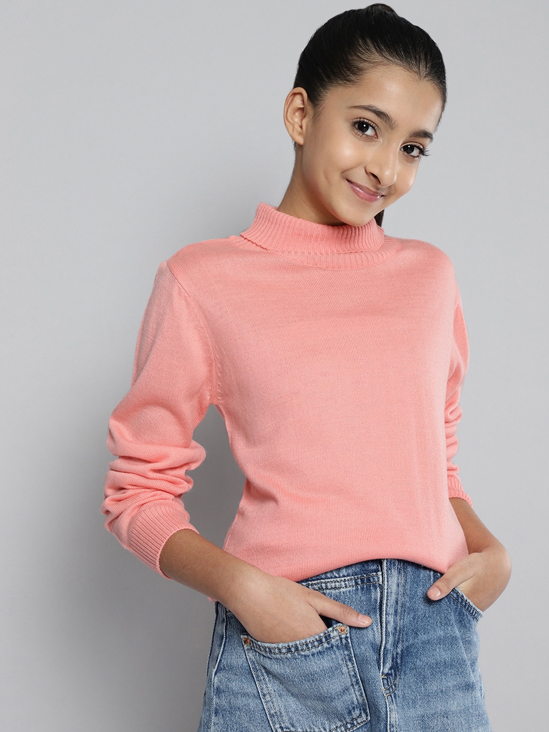 

JUSTICE Girls Peach-Coloured Ribbed Acrylic Turtle Neck Pullover