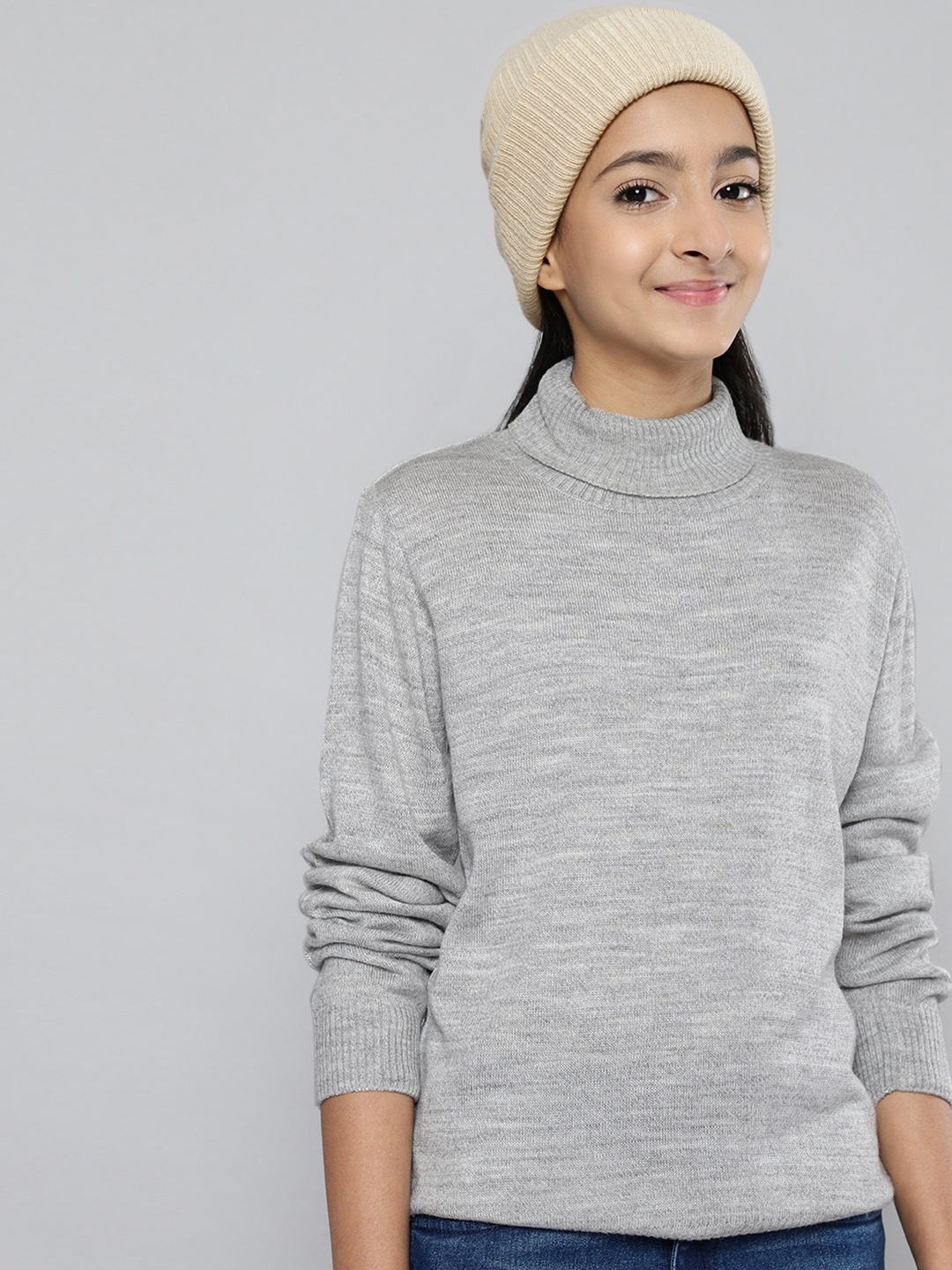 

JUSTICE Girls Grey Melange Acrylic Turtle Neck Pullover