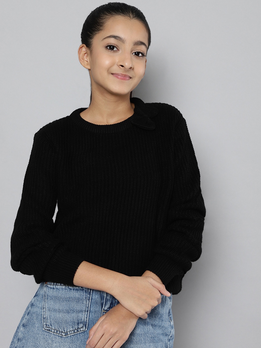 

JUSTICE Girls Mustard Black Round Neck Pullover