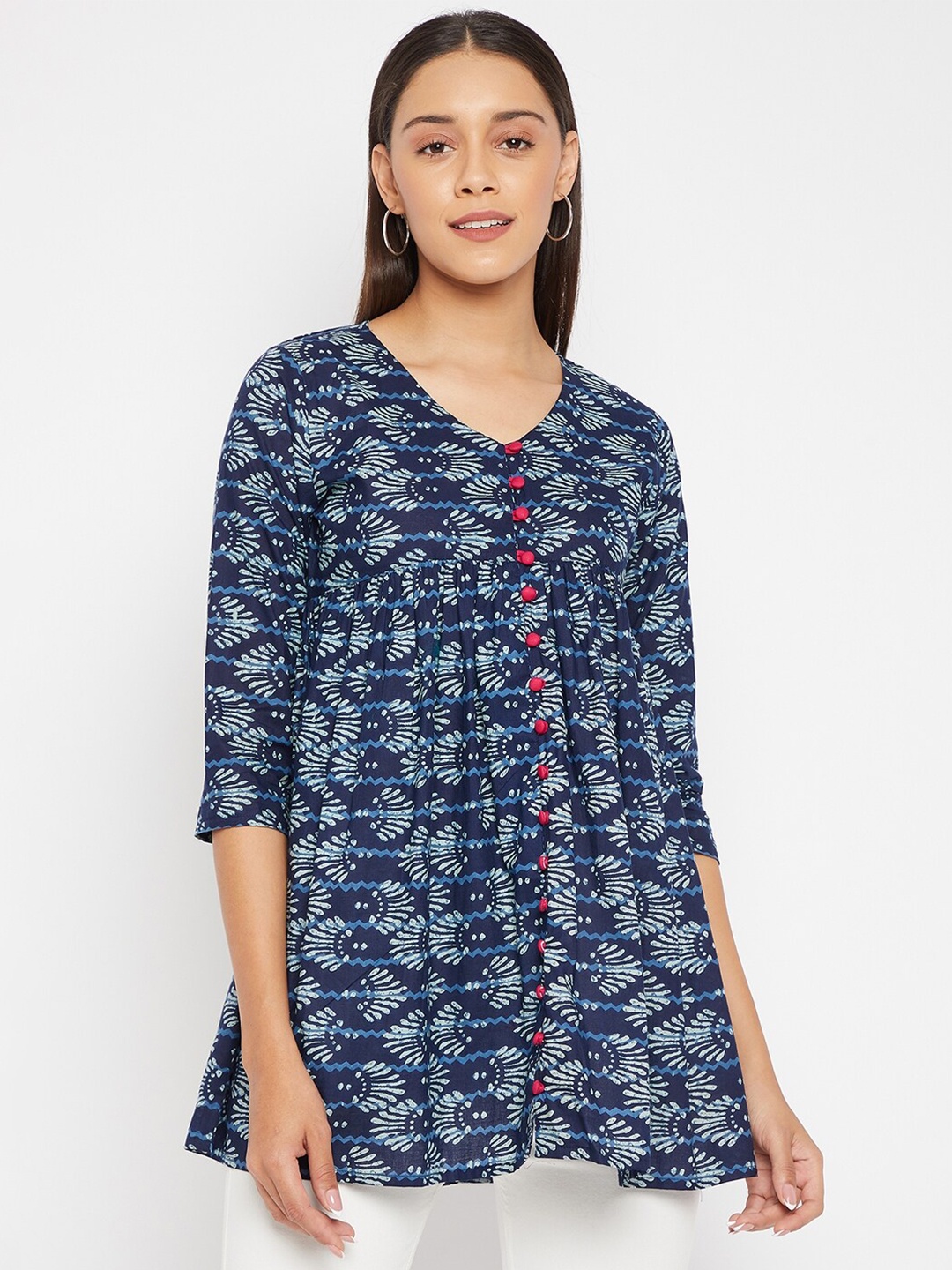 

PANIT Navy Blue Block Print Cotton Empire Top