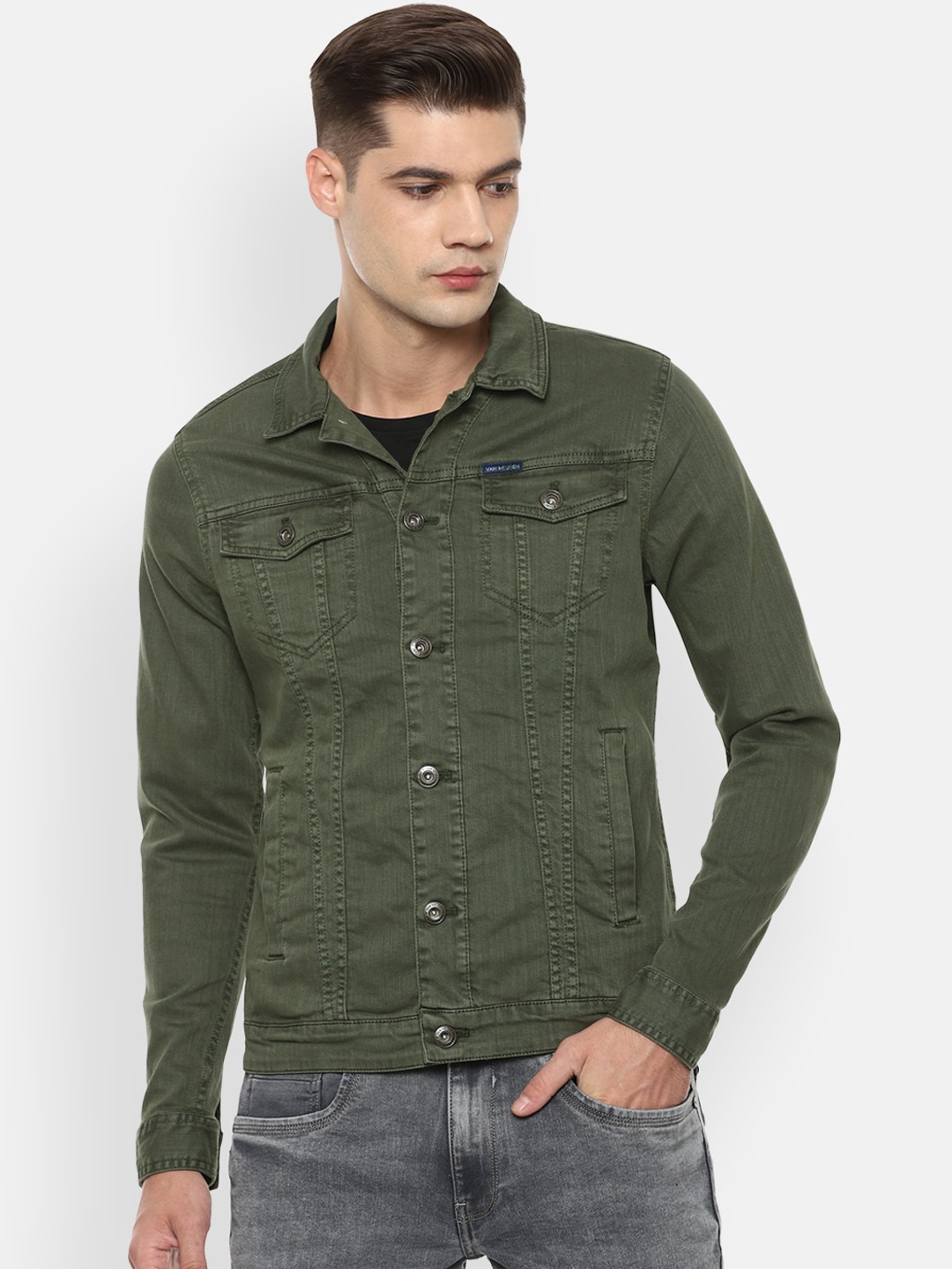 

VAN HEUSEN DENIM LABS Men Olive Green Denim Jacket