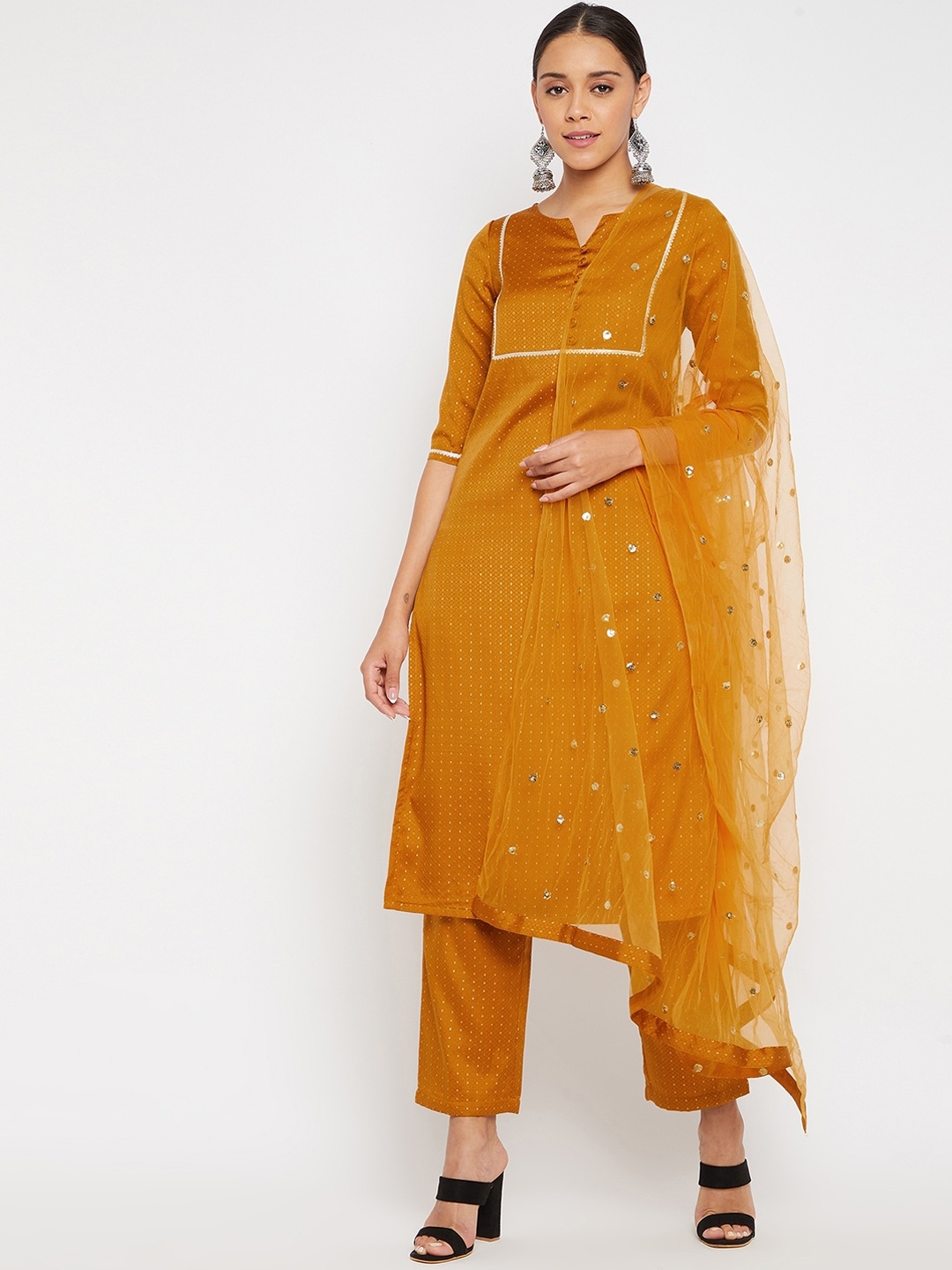 

PANIT Women Mustard Yellow Embroidered Regular Kurta with Trousers & Dupatta
