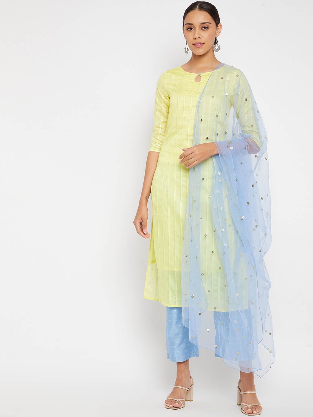 

PANIT Women Yellow & Blue Embellished & Striped Kurta with Trousers & Dupatta