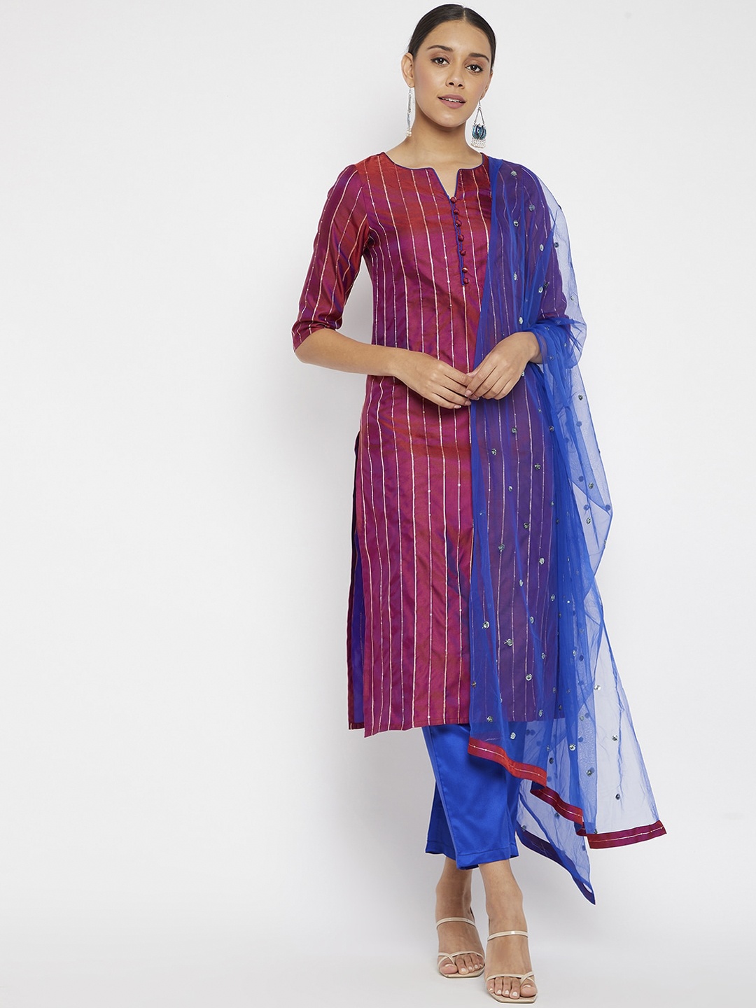 

PANIT Women Burgundy & Blue Embellished & Striped Kurta with Trousers & Dupatta