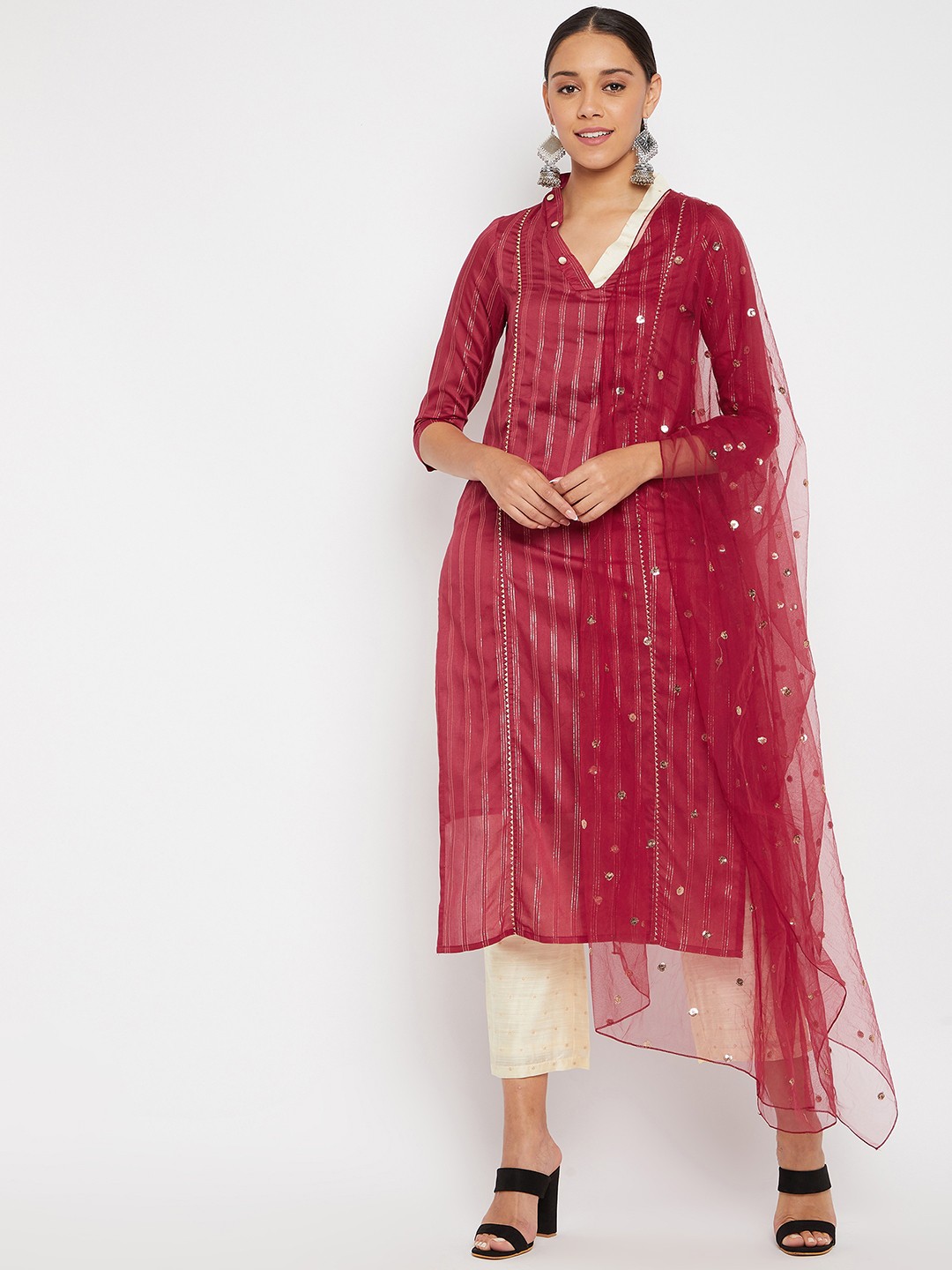 

PANIT Women Maroon Striped Regular Kurta with Trousers & With Dupatta