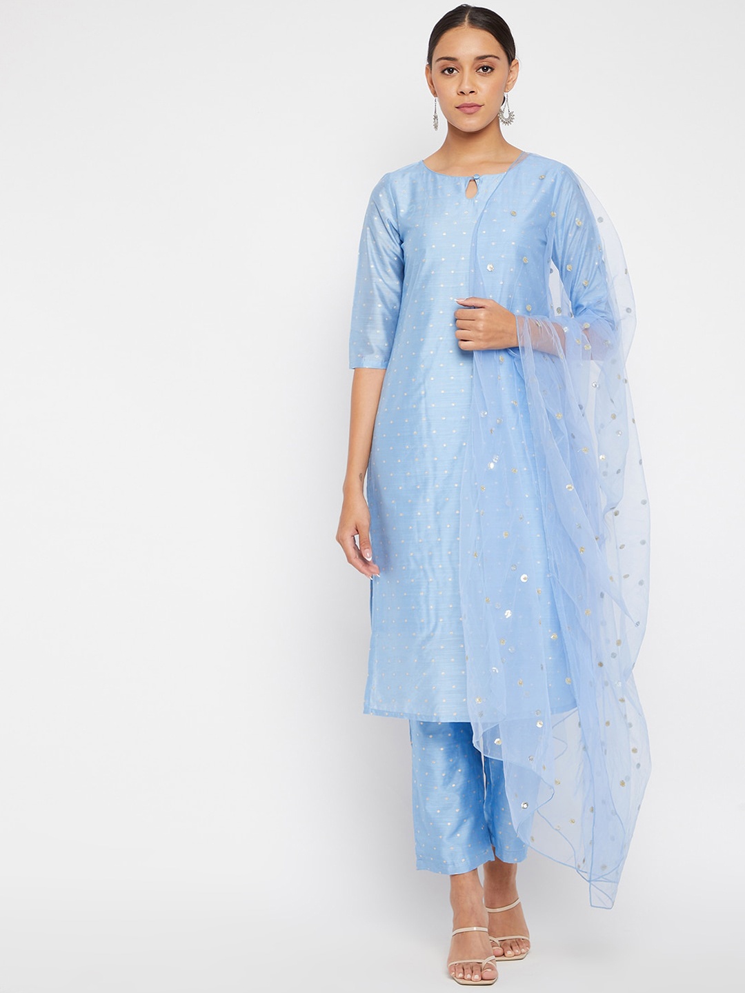 

PANIT Women Blue Embellished & Woven Designed Kurta with Trousers & Dupatta