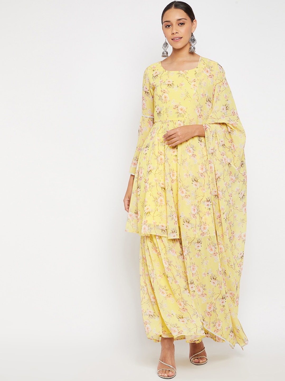

PANIT Women Yellow Floral Printed Georgette Empire Kurta with Palazzo & With Dupatta