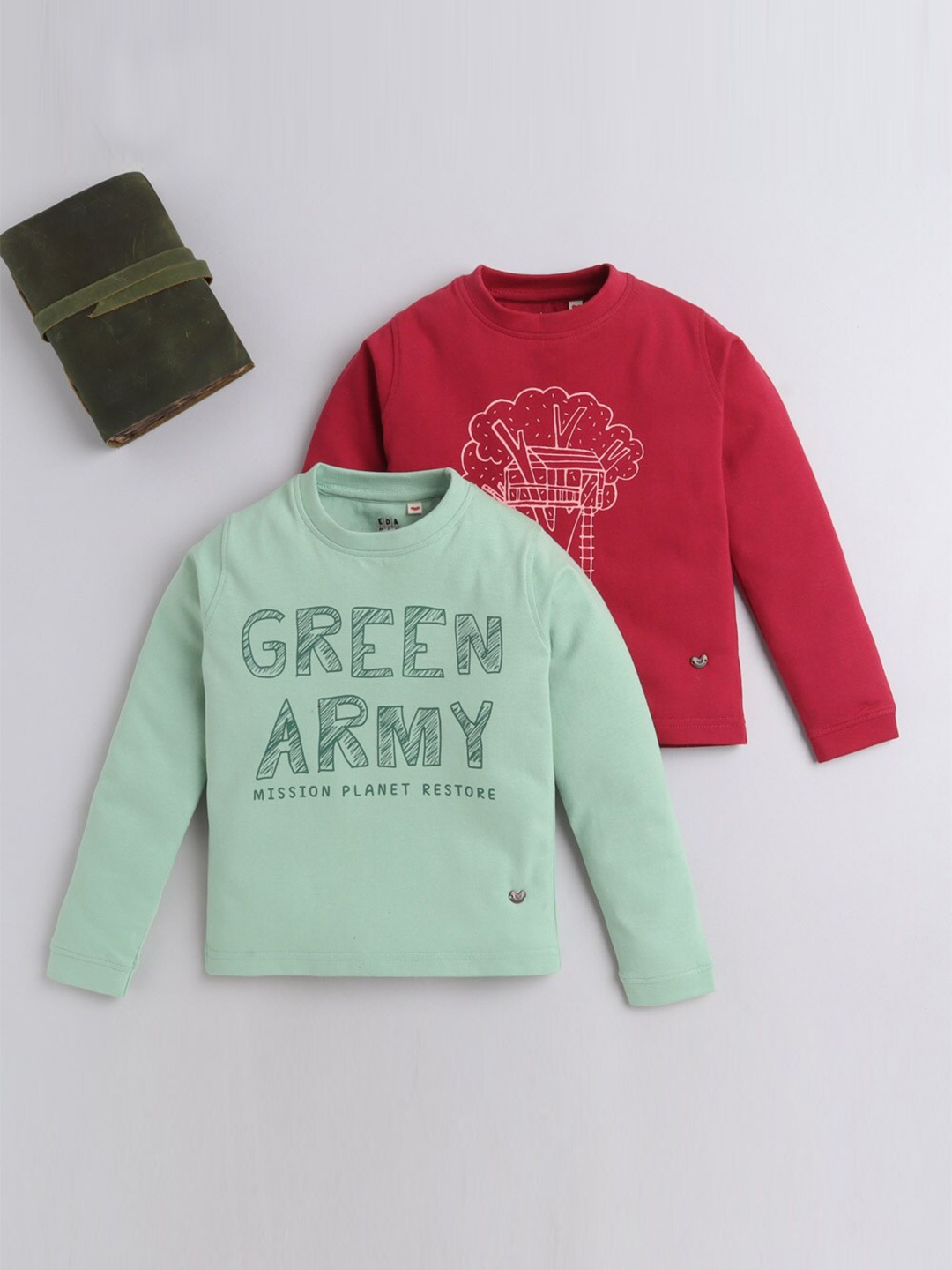 

Ed-a-Mamma Boys Pack of 2 Green & Red Typography Printed Round Neck T-shirts